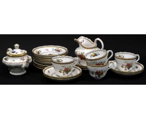 A Copeland Spode Rockingham pattern part tea service, each piece decorated with fruit, butterflies, etc., to include four cup