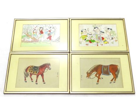 20thC Oriental School.  Children playing, watercolour (2) and two oriental pictures of horses (4).