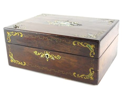 A late 19thC rosewood brass and mother of pearl inlaid workbox, the hinged lid enclosing a vacant interior (AF), 29cm wide.