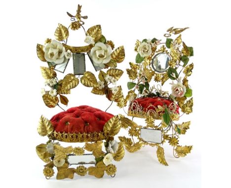 Two similar late 19th/early 20thC French marriage crown cushions, each decorated with gilt metal flowers etc. embellished wit