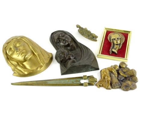 A collection of metalware, to include a bronze Madonna and child wall plaque, 22cm high, a Madonna wall plaque stamped Caggia