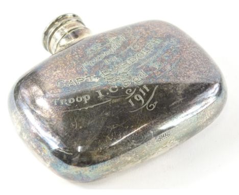 A silver plated hip flask, engraved "presented to Captain Bardolph, Troop I.C.SGD. B.C.H 1911".