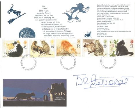 Brigitte Bardot signed FDC in honour of cats. Triple post marked dated 17th January 1995, Crewe, with a clear signature from 