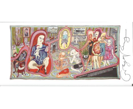 Postcard signed by Grayson Perry showing his 'Adaptation of the Cage Fighters,' 2012, with Victoria Miro. Good condition. All