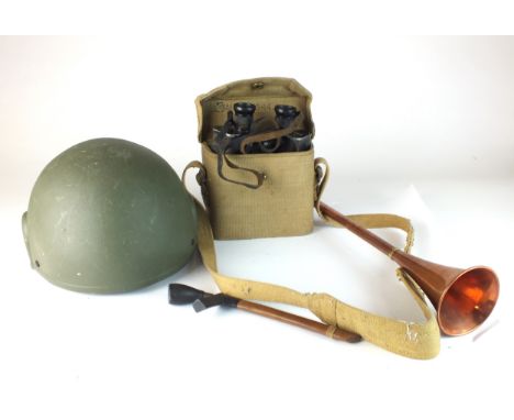 A British Army Mk6 GS combat helmet, year 1989/90, size small, together with a pair of WW2 Air Ministry 6E/293 prismatic bino