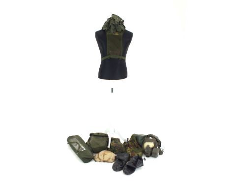 A collection including two sets of camouflaged backstraps, pair of desert camo knee/elbow pads, Norweigan Navy Helly Hansen g