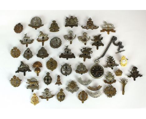 A collection of military cap badges including Royal Warwickshire, Manchester, Royal Artillery, Welsh Guards, Norfolk Regiment