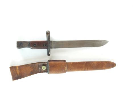 A Canadian WW1 Ross Rifle Co. 1907 patented bayonet and scabbard with frog, blade length 25.5cm, overall length 37cm