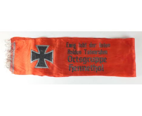 A German Third Reich silk funeral sash of rectangular form with tasselled ends, with silver leaf wording for 'Obgefr. Karl Em