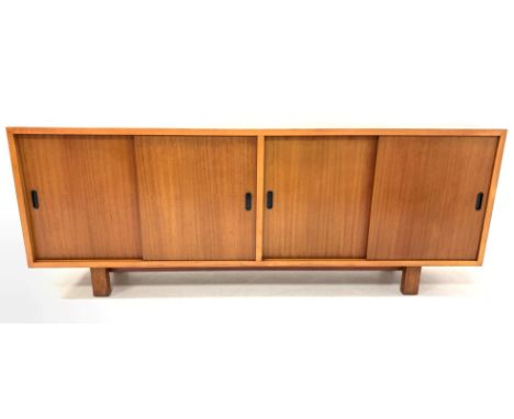 Mid 20th century retro teak Vintage sideboard in the style of Robin Day, with four sliding doors enclosing an adjustable shel