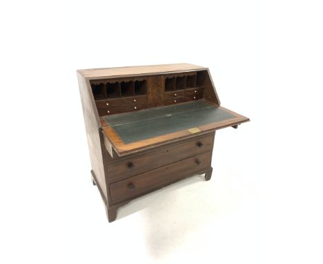 Early Victorian mahogany bureau, fall front revealing fitted interior and skivered writing surface, over four long graduated 