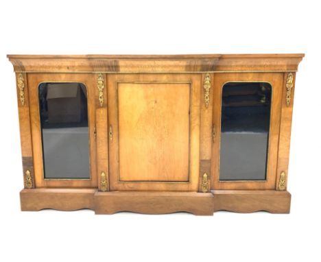 Victorian walnut and satinwood break front credenza, with ormolu floral boxwood inlay to frieze over central panelled door wi