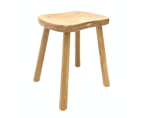 'Mouseman' Yorkshire oak four leg stool, with adzed saddle seat raised on octagonal tapered supports, W37cm, H46cm - Conditio