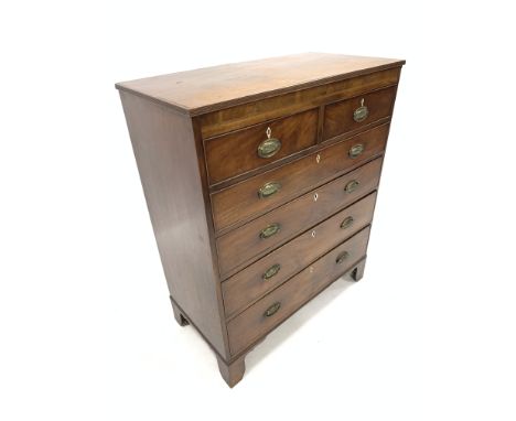 19th Century inlaid mahogany chest, the top with reeded edge over two short and four long graduated drawers, raised on shaped