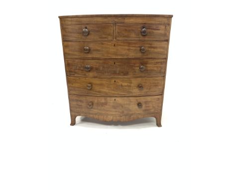 19th century mahogany bow front chest fitted with two short and four long graduated drawers, embellished with inlaid brass, r