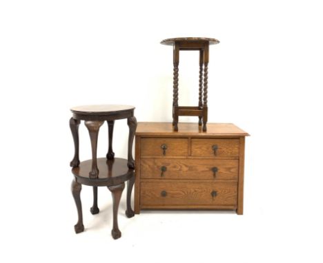 Small early 20th century oak chest fitted with two short and two long drawers, raised on stile supports (W90cm) together with