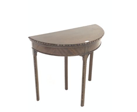 Chippendale style demi lune card table, fold over top revealing baize lined playing surface over beaded moulding, raised on f