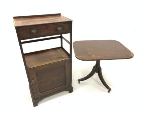 19th century mahogany side cupboard, with one drawer raised over open shelf, panelled cupboard to base, raised on shaped brac