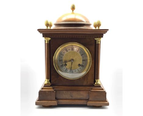Late 19th century walnut cased bracket clock, dome top with five gilt metal finials, dentil work under, the silvered dial wit