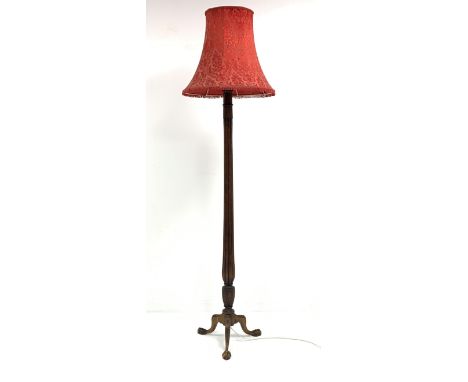 20th century Gillows design standard lamp, with decorative red damask shade raised on water leaf carved and reeded column, wi