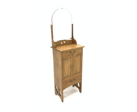 Arts and Crafts style light oak wash stand cabinet, with raised back over two drawers and a cupboard enclosing fixed shelf, r