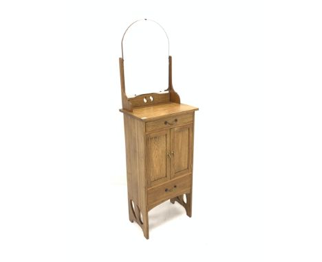 Arts and Crafts style light oak wash stand cabinet, with raised back over two drawers and a cupboard enclosing fixed shelf, r