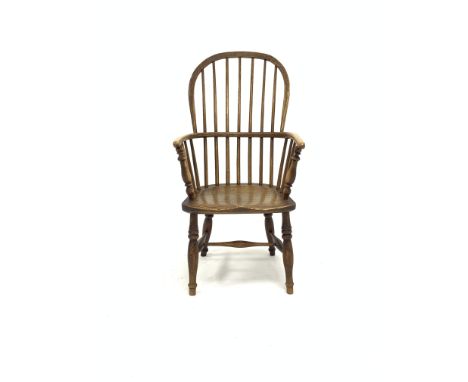 19th century elm and ash Windsor armchair, with hoop and spindle back over saddle seat, ring turned supports united by 'H' st