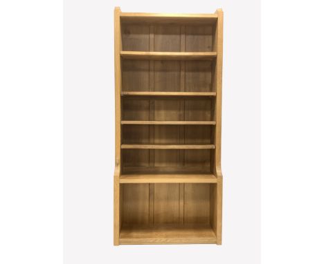 'Mouseman' Yorkshire oak open bookcase, with four fixed and one adjustable shelf, carved with mouse signature, W84cm, H183cm,