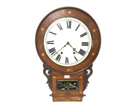 19th century walnut cased 12" drop dial wall clock, white painted enamel dial with Roman numeral chapter ring, twin train mov