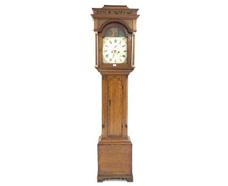 19th century oak longcase clock, sarcophagus top over gilt painted floral blind fretwork frieze, arched hood door enclosed by