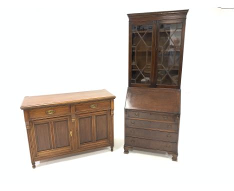 20th century mahogany bureau bookcase, dentil cornice over astragal glazed doors enclosing three adjustable shelves, fall fro
