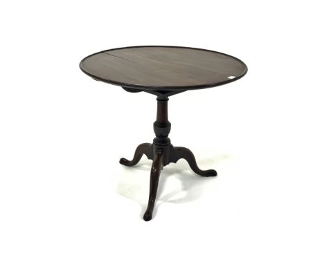 Georgian mahogany tilt top table, circular top with raised edge over bird bracket and snap top action, turned column, triple 