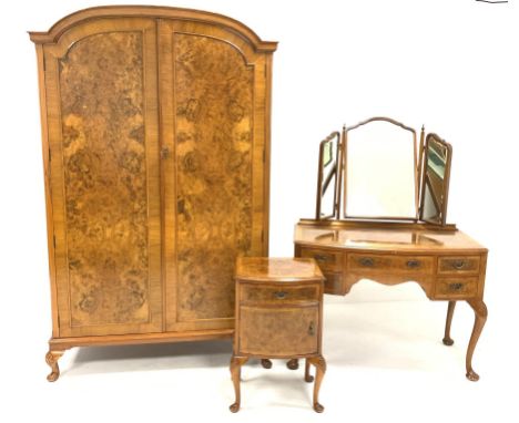 20th century burr walnut 'Dillon' bedroom suite, comprising double wardrobe with interior fitted for hanging, with shoe rail 