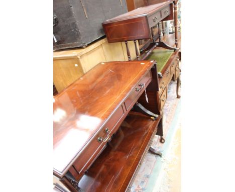 A pair of Regency style mahogany drop leaf sofa tables, each fitted with a single drawer, together with a smaller similar sof