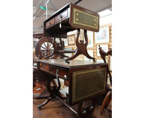 A Regency style mahogany leather inset sofa table, together with a matching smaller sofa table (2)