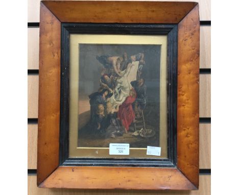 19th Century Baxter or similar print depicting Christ being taken down from the cross, in bird's-eye maple veneer frame. 20cm
