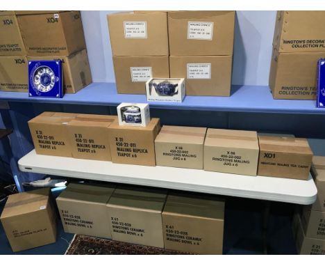 Three boxes, each containing six teapots, two boxes containing six Maling Ringtons jugs, and one box containing a Maling tea 
