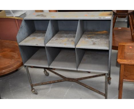 A vintage industrial metal parts or workshop/factory tool trolley, approx. width 91cm