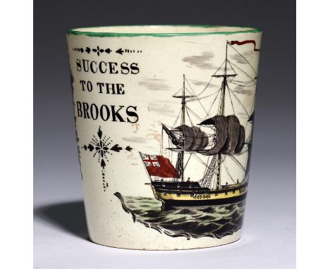 SLAVE TRADE. A RARE LIVERPOOL PRINTED CREAMWARE BEAKER, DATED 1797&nbsp;transfer printed in black and painted with a privatee