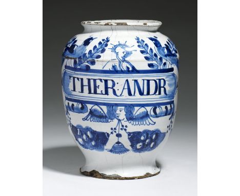 A LONDON DELFTWARE DRUG JAR, C1680-90 of ovoid shape, painted in blue with a shaded label inscribed&nbsp; THER:ANDR surmounte