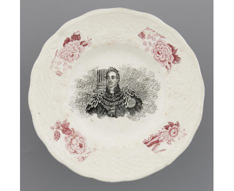 CORONATION OF WILLIAM IV.&nbsp; A WHITE EARTHENWARE CHILD'S PLATE, 1830&nbsp; with black and puce floral transfer prints in f