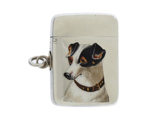 A VICTORIAN SILVER AND ENAMEL VESTA CASE&nbsp;with the head of a Jack Russell Terrier, the reverse engraved WON AT CARNFIELD 