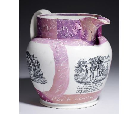 A SUNDERLAND LUSTRE JUG, MID 19TH C&nbsp; with three transfer prints of the Sailors' Farewell, Mariner's Compass and verse Th