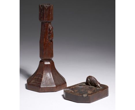 A ROBERT 'MOUSEMAN' THOMPSON OCTAGONAL OAK CANDLESTICK, C1946&nbsp;&nbsp; the sconce carved with stiff leaves, 19.5cm h, carv