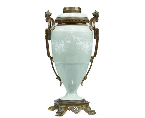 A FRENCH GILTMETAL AND PATE SUR PATE OIL LAMP, C1880&nbsp; of vase shape with detachable fount, 39cm h, stamped metal trade l