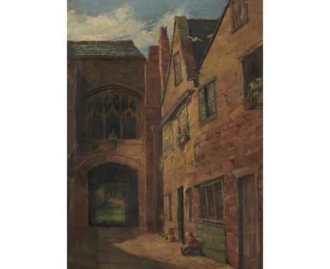 VICTORIAN SCHOOL YARD IN AN OLD TOWN WITH SEATED CHILD&nbsp; oil on canvas, 43 x 32cm  Good condition, unlined on the origina