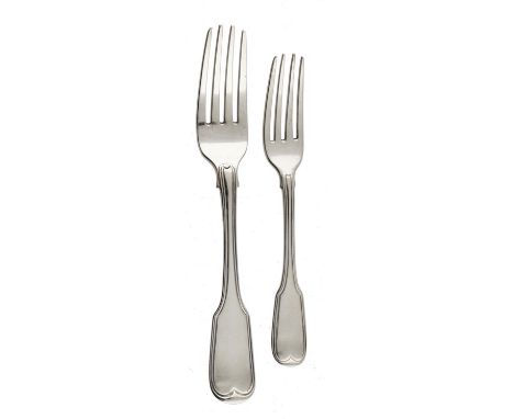 TEN GEORGE III SILVER DESSERT FORKS, FOUR TABLE FORKS AND TWO VICTORIAN TABLE FORKS Fiddle and Thread pattern, crested, all L