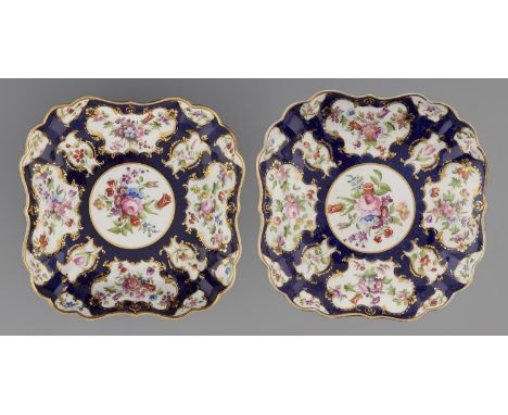 A PAIR OF BARR, FLIGHT &amp; BARR SHAPED SQUARE SCALE BLUE GROUND DESSERT DISHES, 1807-13&nbsp;painted with floral reserves, 