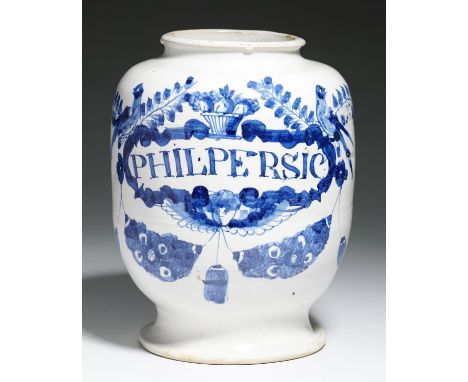 A LONDON DELFTWARE DRUG JAR, C1700-20&nbsp; of ovoid shape, painted in dark blue with a strapwork label inscribed PHIL. PERSI