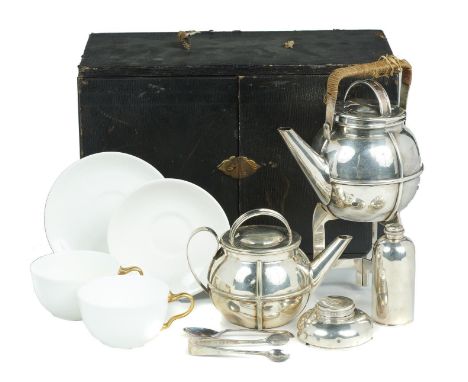 AN EPNS FITTED LEATHER PICNIC TEA CASE, HAMILTON &amp; CO, CALCUTTA, C1900 comprising kettle, teapot, tea caddy, cream jug, m